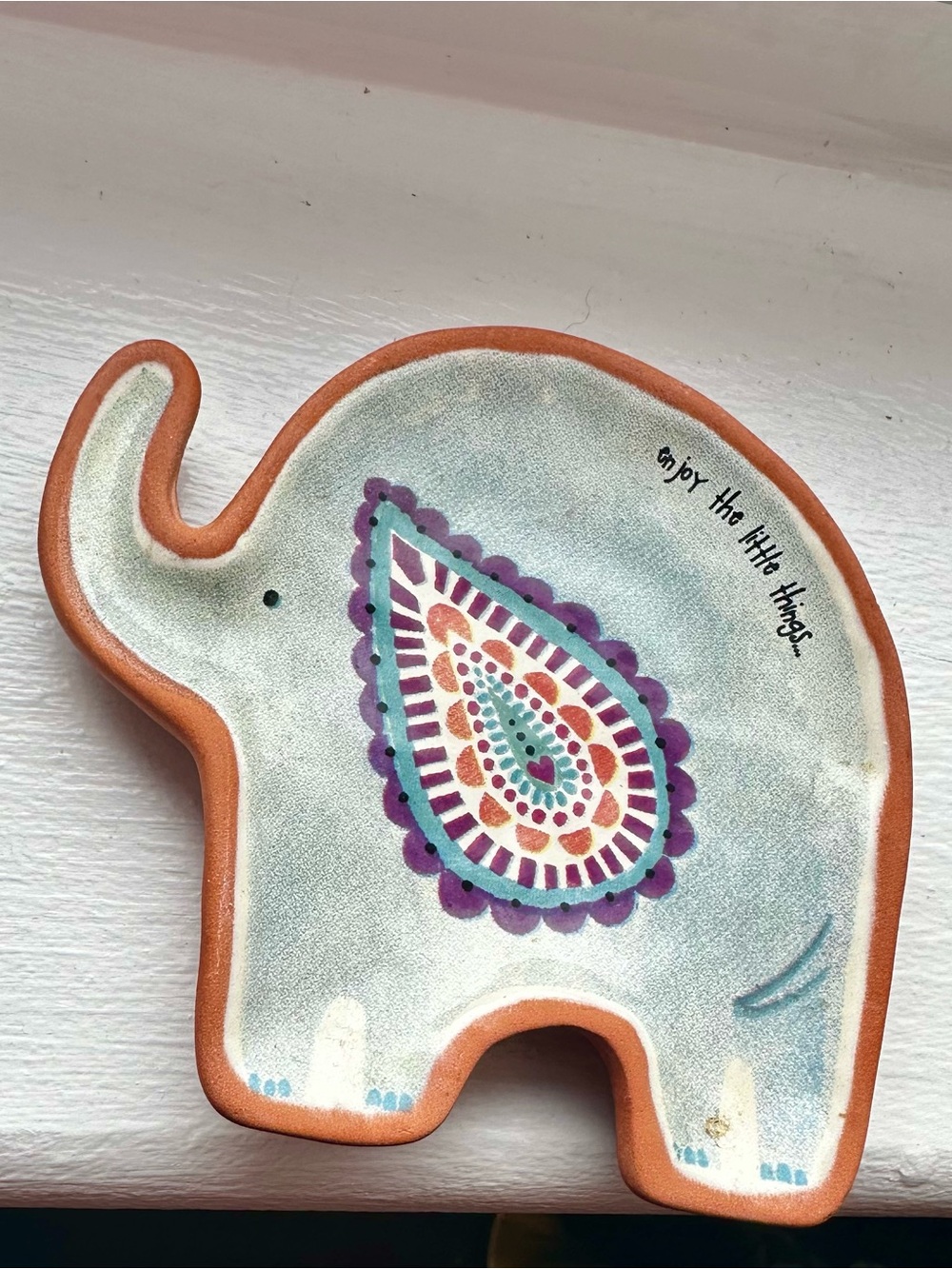 Hand-Painted Elephant Trinket Dish Blue with Multicolor Paisley